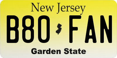NJ license plate B80FAN