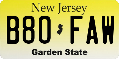 NJ license plate B80FAW