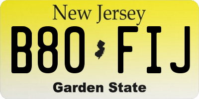 NJ license plate B80FIJ