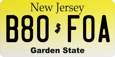 NJ license plate B80FOA