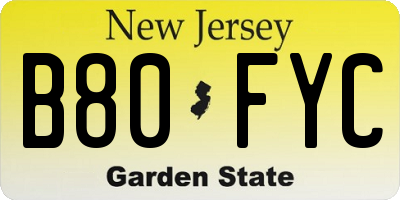 NJ license plate B80FYC