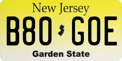 NJ license plate B80GOE