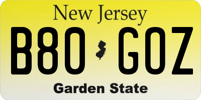 NJ license plate B80GOZ