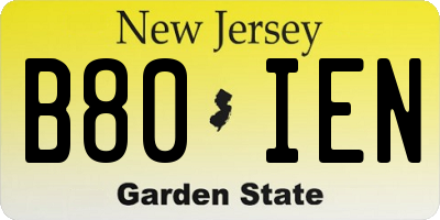 NJ license plate B80IEN
