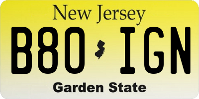 NJ license plate B80IGN