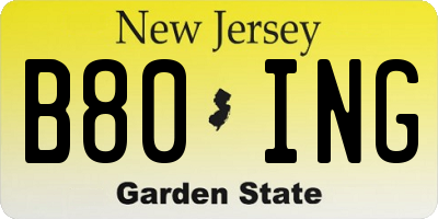 NJ license plate B80ING