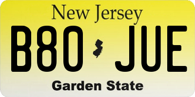 NJ license plate B80JUE