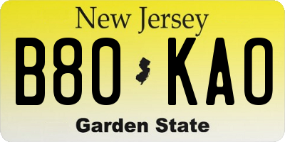 NJ license plate B80KAO