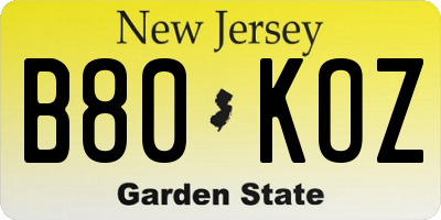 NJ license plate B80KOZ