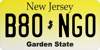 NJ license plate B80NGO
