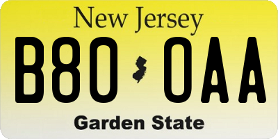 NJ license plate B80OAA