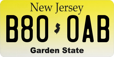 NJ license plate B80OAB