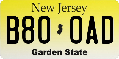 NJ license plate B80OAD