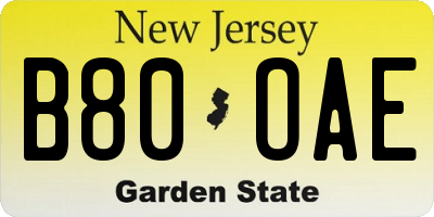 NJ license plate B80OAE