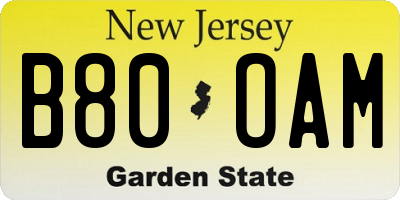 NJ license plate B80OAM