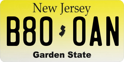 NJ license plate B80OAN