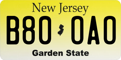 NJ license plate B80OAO