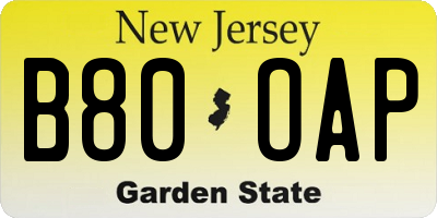 NJ license plate B80OAP