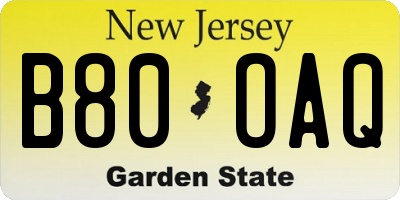 NJ license plate B80OAQ