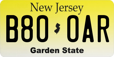 NJ license plate B80OAR