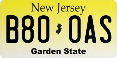 NJ license plate B80OAS