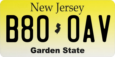 NJ license plate B80OAV