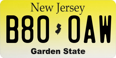 NJ license plate B80OAW