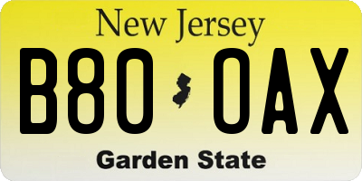 NJ license plate B80OAX