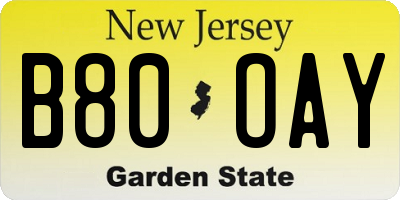NJ license plate B80OAY