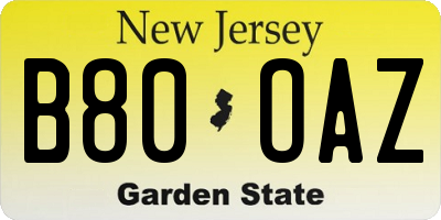 NJ license plate B80OAZ
