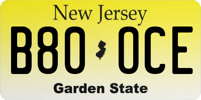 NJ license plate B80OCE