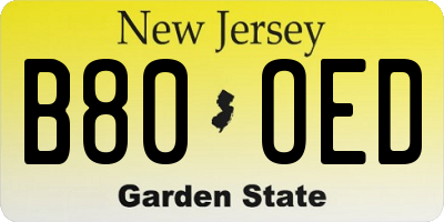 NJ license plate B80OED