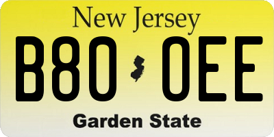 NJ license plate B80OEE