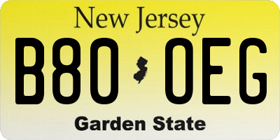 NJ license plate B80OEG