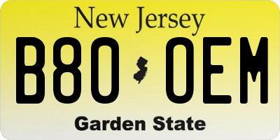 NJ license plate B80OEM