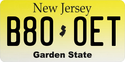 NJ license plate B80OET