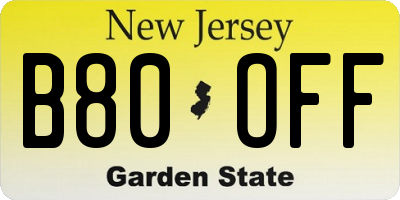 NJ license plate B80OFF