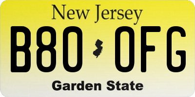 NJ license plate B80OFG