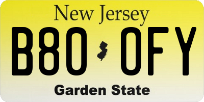 NJ license plate B80OFY