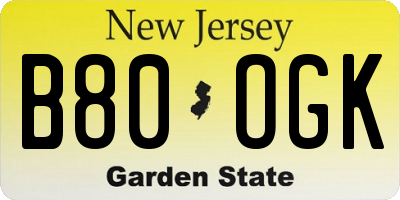NJ license plate B80OGK
