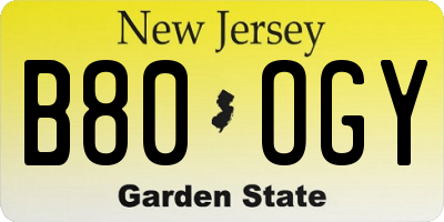 NJ license plate B80OGY