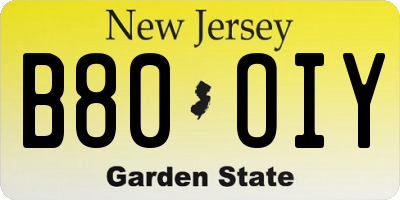 NJ license plate B80OIY