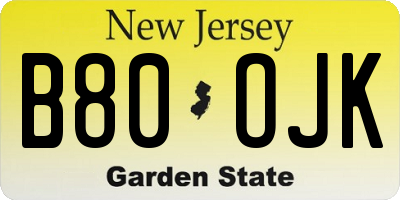 NJ license plate B80OJK
