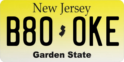 NJ license plate B80OKE
