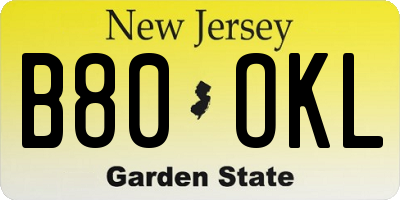 NJ license plate B80OKL