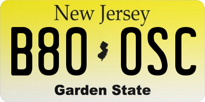 NJ license plate B80OSC