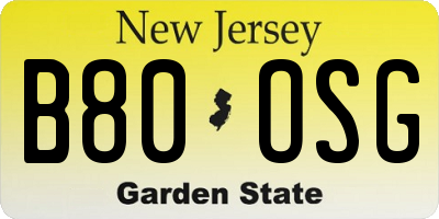 NJ license plate B80OSG