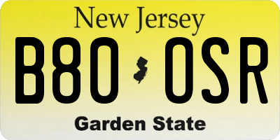 NJ license plate B80OSR
