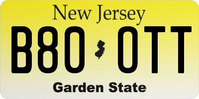 NJ license plate B80OTT