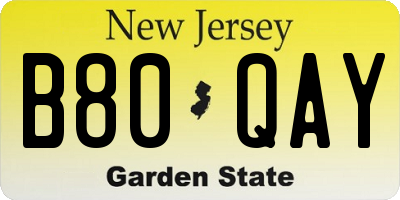 NJ license plate B80QAY